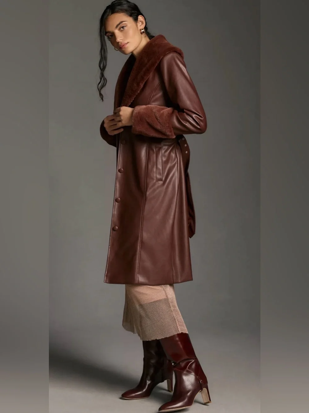 Avec Les Filles Rich Chestnut Faux Leather Jacket with Faux Fur Trim Medium - Picture 5 of 12